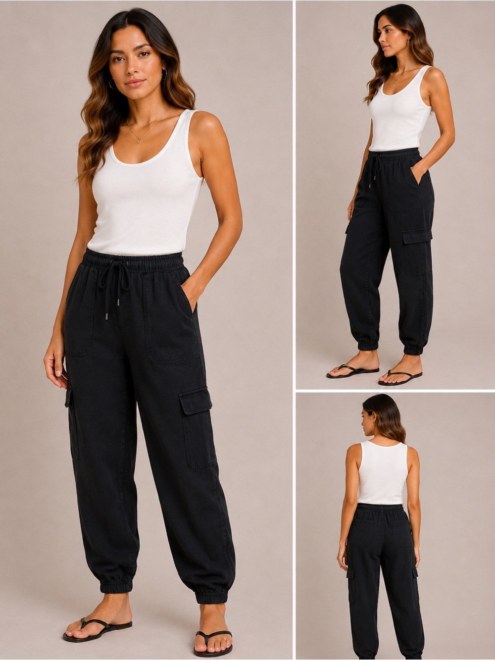 Nicole Miller Black Cargo Joggers with Drawstring Waist